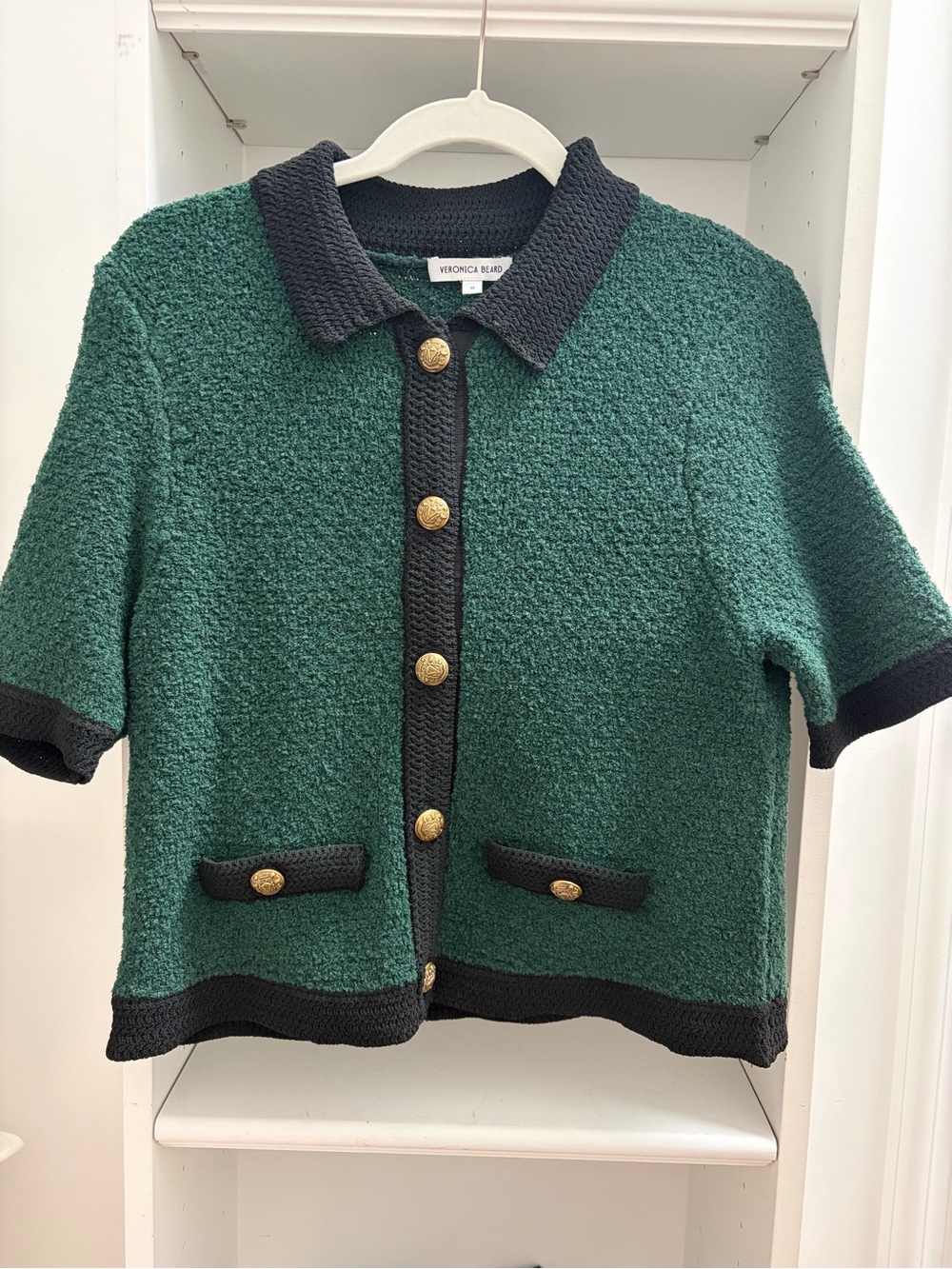 Veronica Beard Emerald Green Bouclé Short Sleeve Jacket with Black Trim